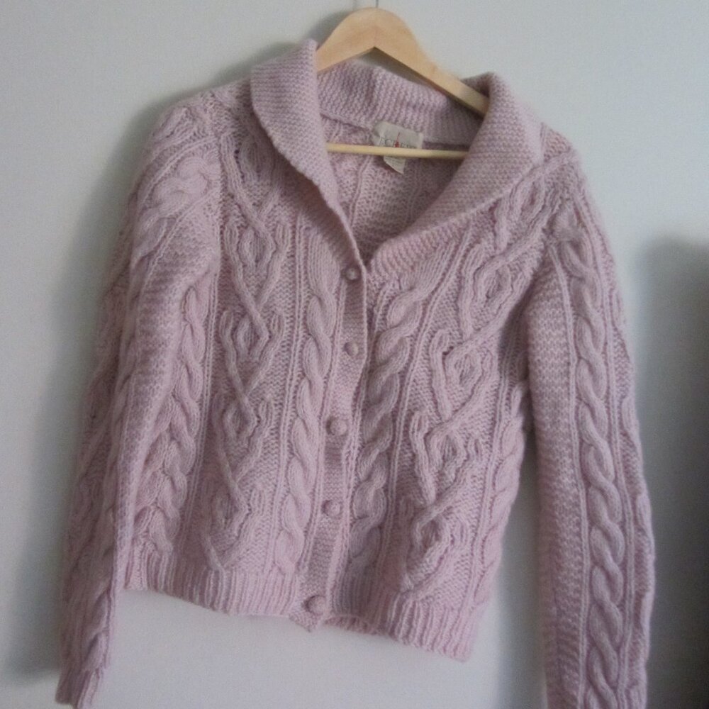 J. Crew Outfitters Pink 100% Wool Chunky Cable Knit Cardigan Size Small